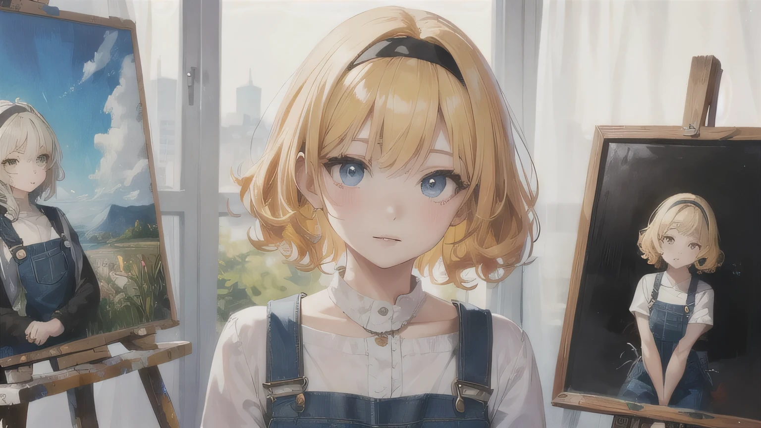 Yellow Hair、Curly hair、One Girl,20-year-old,Beautiful Face,Upper Body、Sharp focus,Overalls、short hair、paints、Painting、hair band