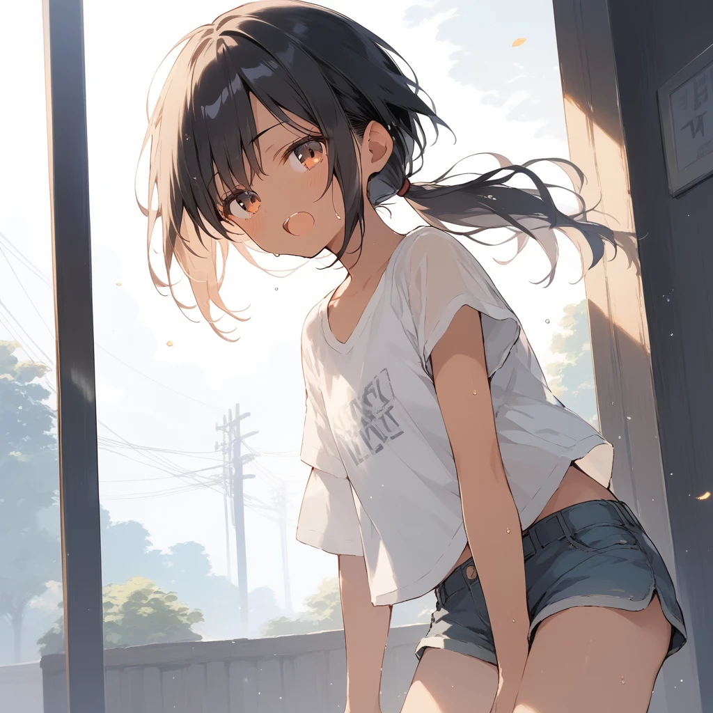 score_9, score_8_up, score_7_up, source_anime, best quality, masterpiece, official art, absurdres, highres, ultra-detailed,waifu2x,Collection: Slice of Life,break,1girl, tomboy, dark-skinned female, short hair, low ponytail, flat chest, beautiful detailed eyes, short shorts, sweat, open mouth, (yawn:0.3), sleepily, outdoors, wind, break,(clear line illustration:1.2),very high resolution, very aesthetic, super detailed skin, Best sexual lighting powered by famous artist, 8k,cute picture,beauty illustration,photoshop_(medium),,(Detailed Lighting),best anime 8k konachan wallpaper, pixiv contest winner,