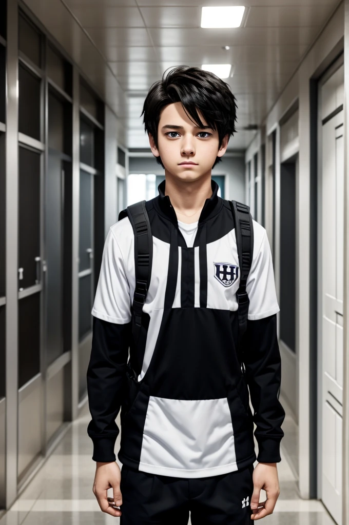 anime girl, my hero academia, He has short dark hair, tender and white eyes with black, Is standing, has an annoyed face, He wears the UA uniform and has a UA hallway in the background.