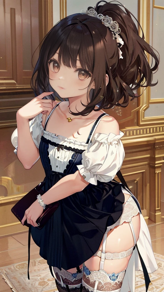 ((masterpiece)), ((best quality)), ((ultra detailed)), ((kawaii)), cute, (lovely), ((extremely detailed)), ((8K)), (beautiful), full body, luxury room, a cute girl, 1girl, solo, blue mini camisole dress,beautiful darkbrown hair, ((detailed beautiful brown eyes)), white-skinned, flat breast, tiny breast, garter belt,(garter stockings:1.4),pink eyeshadow,(standing:1.4),full body