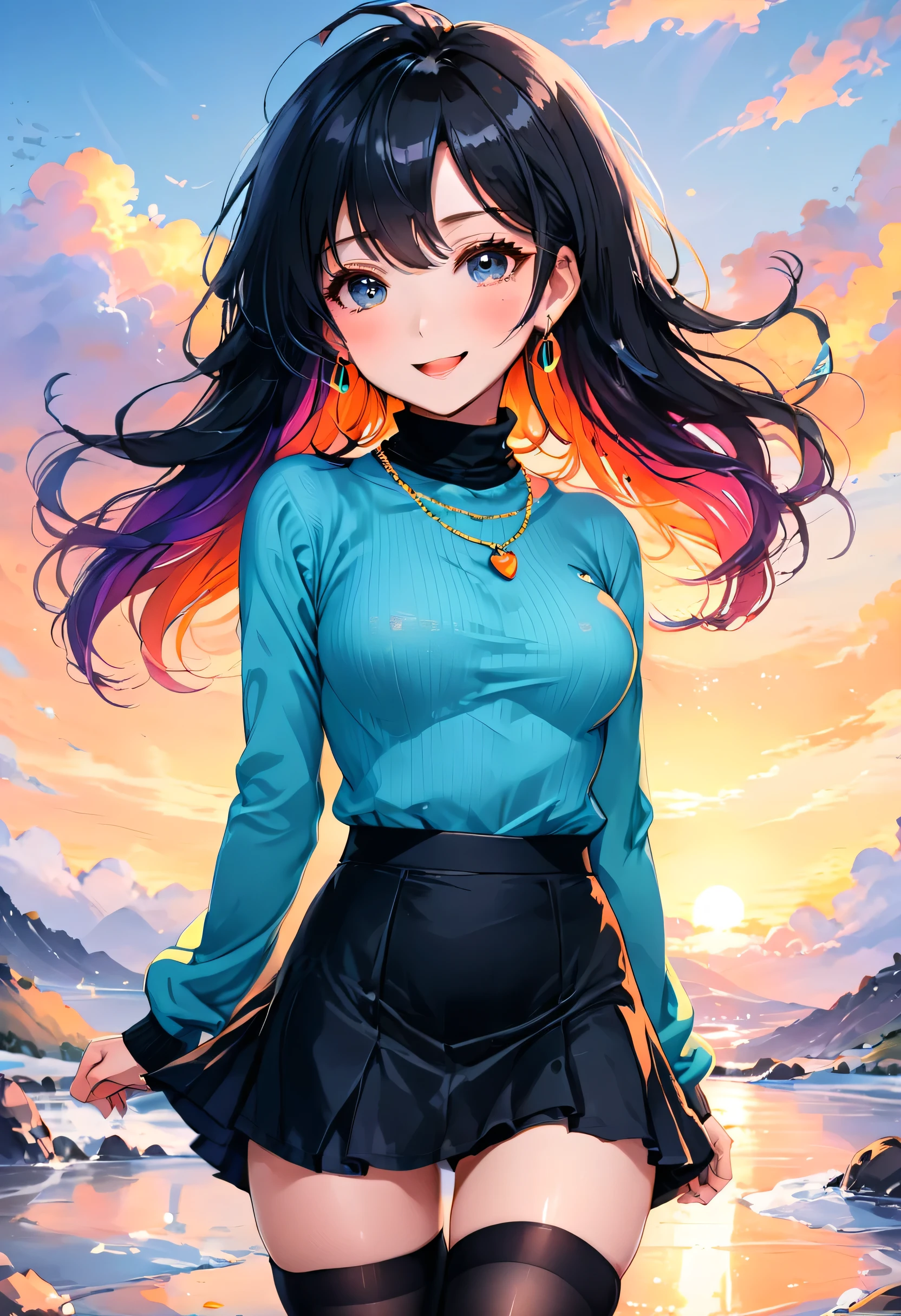 a cute anime girl, 20 years old, short black wavy long hair, bangss, rainbow hair, vibrant colors, Puffy nipple, (Black Turtleneck Knit), (Orange long skirt), Black stockings, Medium milk, cute smile face, ((Poses that emphasize the buttocks, turned around)), sexy hips, Black High Heels, Big necklace, ((((the wind blew my skirt, expose my panties...)))), (Light blue lace panties), Cute earrings, (Tilt your head slightly), (watching the beautiful sunrise...), anime style