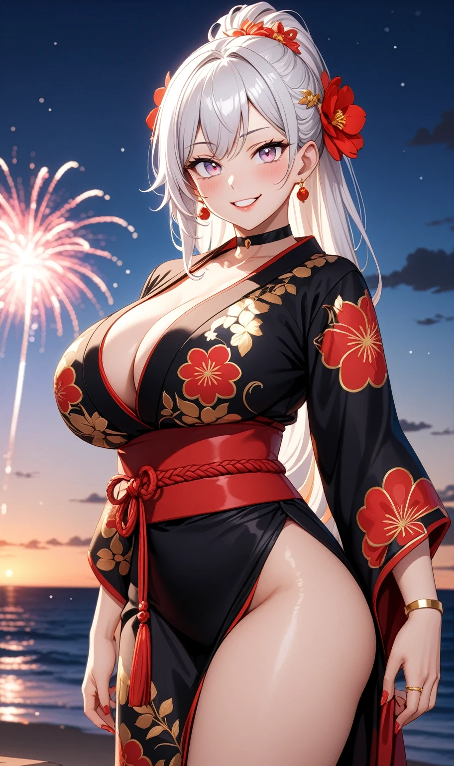 ((One personの女性)), Beautiful Face, ((smirk)), ((Wink:1.7)), (looking through legs), Laugh with your mouth wide open,((Bright red cheeks:1.4)),Shiny red lips,night,coastal,You can see the ocean, firework,Laughing with your mouth open,Glossy pink lips,Facial lighting,((Anime style background)),masterpiece, Highest quality, so beautiful,up to date, Complex details, (Pink long nails), (4fingers and 1thumbs), (ring),(bracelet),(choker),AI-generated, Complex,High resolution, Highest quality, super high quality,3D Images、3D Images,One person,Long white hair,High Ponytail,(blue eyes),Anime woman posing for a photo, ((Fine grain、Silvery white colorful eyes、Shining Eyes:1.3)),(Squint your eyes:1.1),a hyperRealistic , hyperRealistic , Realistic,Anime woman with long white hair, Smooth anime CG art, A woman in a colorful kimono with gold embroidery, (Black long sleeve kimono),Red floral pattern,Long flower hair ornament,Earrings,Mature Body,(Big Breasts:1.1),Tall,Abdominal muscles,Narrow waist,(Zoom up to face:1.6),(front view),
