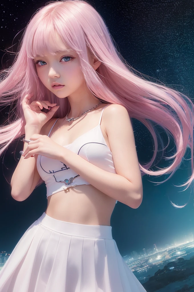 (8k high quality), (2d high quality), (high anime quality), (6 yrs old beautiful young girl), (beautiful face), (beautiful model), (shining, shoulder-length, straight w/ curve at the edge pink hair), (galaxy blue eyes, almond shape eyes), (shining smooth skin), (beautiful thin eyebrow), (beautiful wristwatch), (beautiful silver necklace with heart pendant), (beautiful white school uniform)