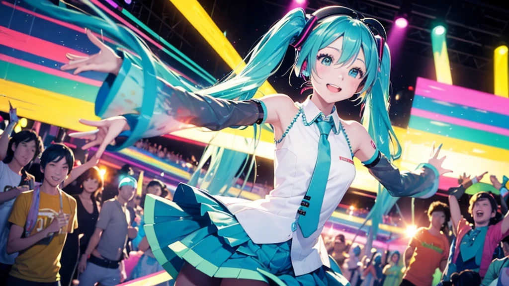 This painting depicts an active and colorful dance scene featuring Hatsune Miku.。She was dancing in the center of the dance floor、Colorful neon lights are shining all around.。