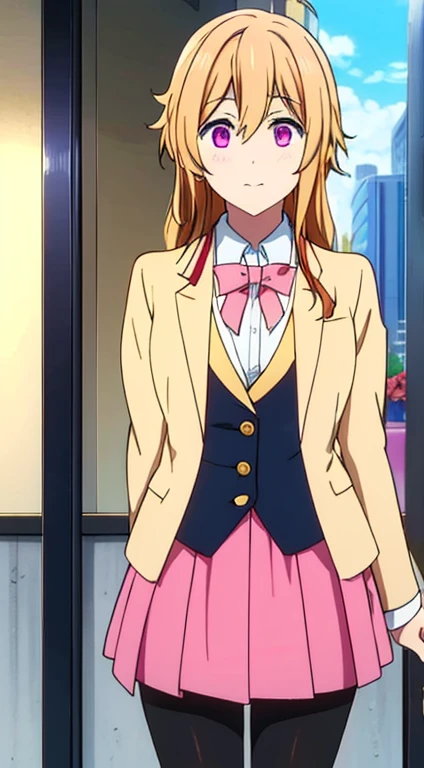 Brown yellow hair, pink eyes, blue and red skirt, white blouse, blue blazer, long black pantyhose, brown