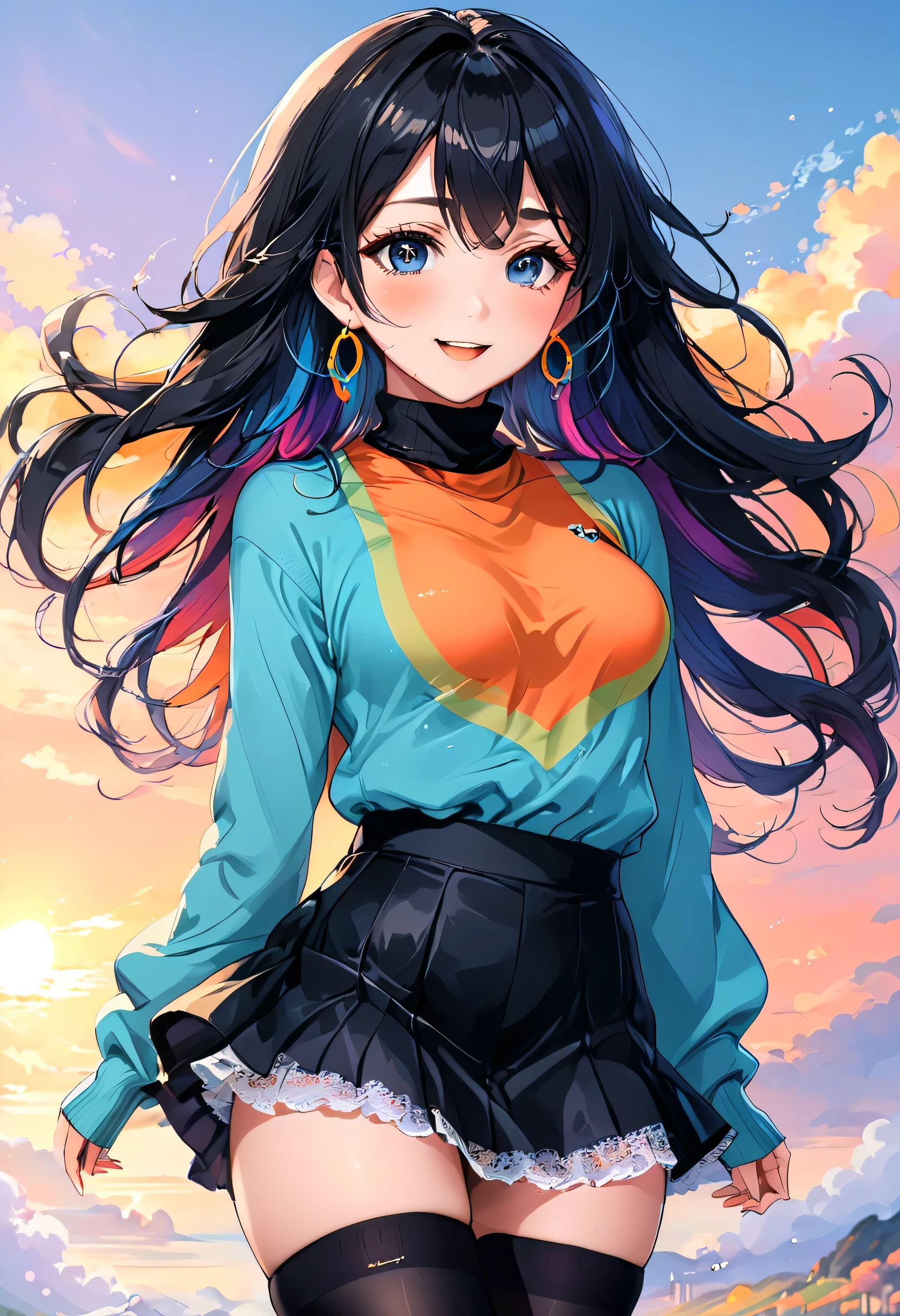 a cute anime girl, 20 years old, short black wavy long hair, bangss, rainbow hair, vibrant colors, Puffy nipple, (orange Turtleneck Knit), (black long skirt), Black stockings, Medium milk, cute smile face, ((Poses that emphasize the buttocks, turned around)), sexy hips, Black High Heels, Big necklace, ((((the wind blew my skirt, expose my panties...)))), (Light blue lace panties), Cute earrings, (Tilt your head slightly), (watching the beautiful sunrise...), anime style