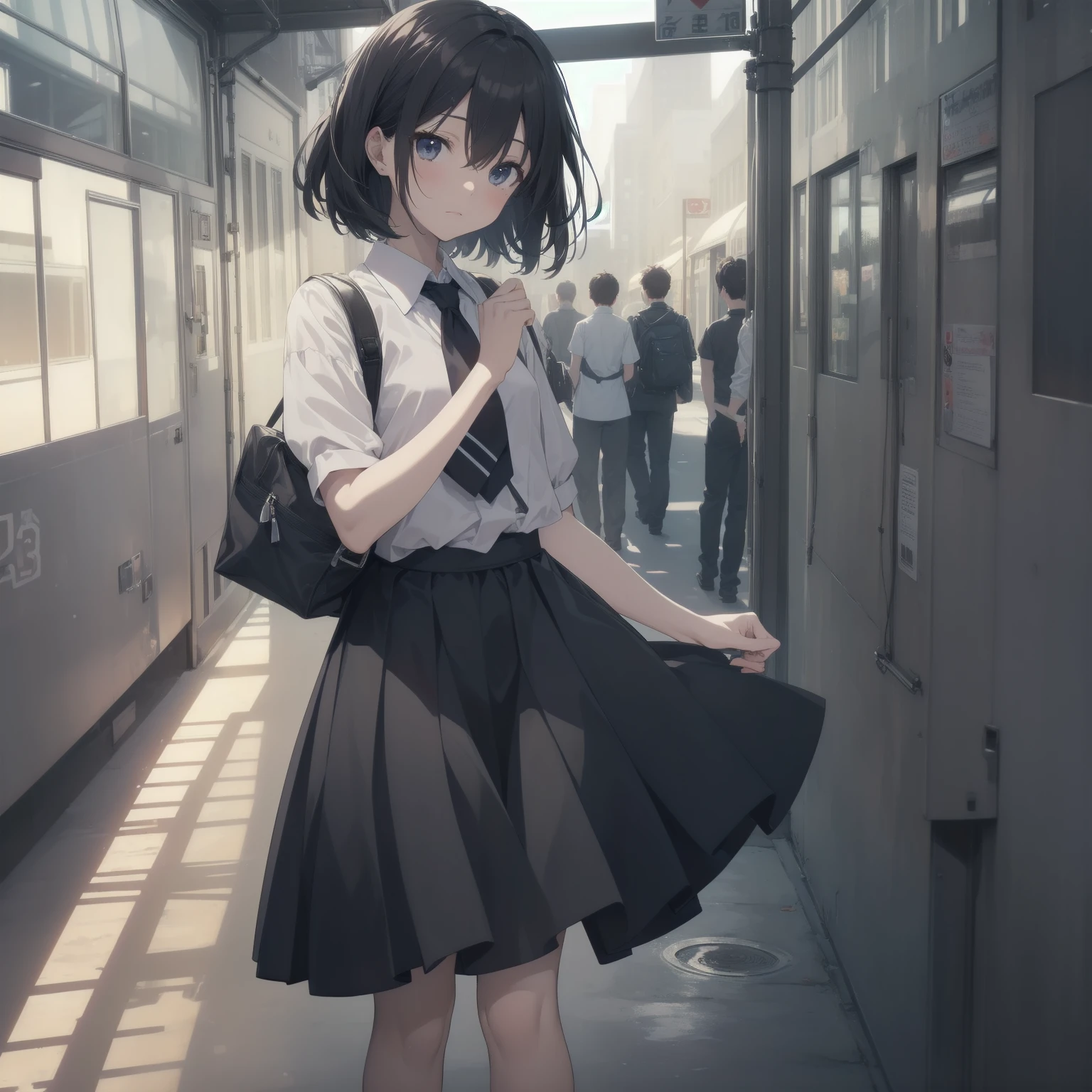 ultra-absurdres-Top quality by artist God, ultra-detailed, high resolution, anime moe artstyle, best anime 8k konachan wallpaper, pixiv contest winner, pool:2810, perfect ???????,break, 1girl, (Please draw a girl walking sleepily to school alone. )break,(Solo,little female, 13-year-old:1.3),Full limbs, complete fingers,a junior high school student, (very short hair), short cut, flat chest, , small butt, small black eyes, beautiful detailed eyes, well-proportioned iris and pupils, expressive eyes, highres detailed hair, soft expression, salor school_uniform, sailor collar, serahuku, bow, pleated skirt,(Detailed Lighting), (Detailed background), in the School commute route. break,super detailed skin, Best cinematic lighting powered by famous artist, 8k,beauty illustration,photoshop_(medium),very aesthetic,break,((artist:saiguchi_otoufu )), artist:clamp ,artist:carnelian ,artist:kantoku ,
