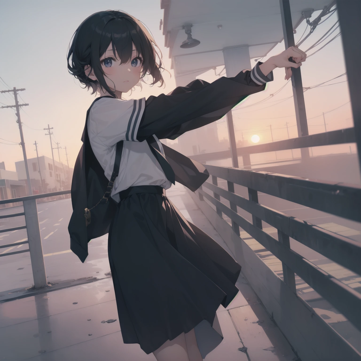 ultra-absurdres-Top quality by artist God, ultra-detailed, high resolution, anime moe artstyle, best anime 8k konachan wallpaper, pixiv contest winner, pool:2810, perfect anatomy,break, 1girl, (Please draw a girl walking sleepily to school alone. )break,(Solo,little female, 13-year-old:1.3),Full limbs, complete fingers,a junior high school student, (very short hair), short cut, flat chest, , small butt, small black eyes, beautiful detailed eyes, well-proportioned iris and pupils, expressive eyes, highres detailed hair, soft expression, salor school_uniform, sailor collar, serahuku, bow, pleated skirt,(Detailed Lighting), (Detailed background), in the School commute route. break,super detailed skin, Best cinematic lighting powered by famous artist, 8k,beauty illustration,photoshop_(medium),very aesthetic,break,((artist:saiguchi_otoufu )), artist:clamp ,artist:carnelian ,artist:kantoku ,
