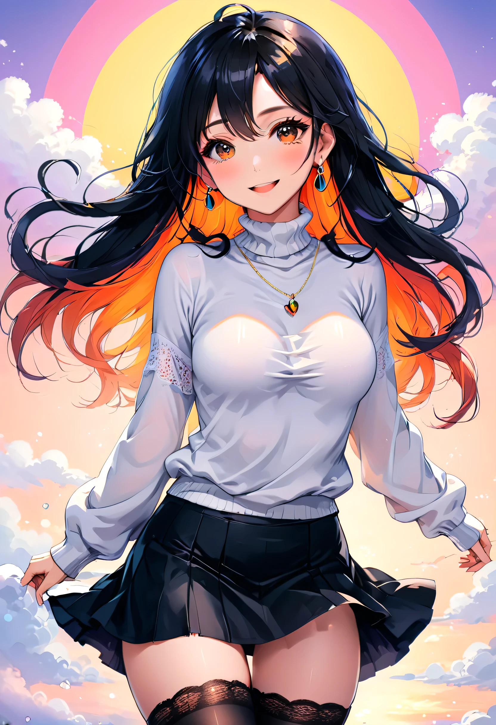 a cute anime girl, 20 years old, short black wavy long hair, bangss, rainbow hair, vibrant colors, Puffy nipple, (orange Turtleneck Knit), (black long skirt), Black stockings, Medium milk, cute smile face, ((Poses that emphasize the buttocks, turned around)), sexy hips, Black High Heels, Big necklace, ((((the wind blew my skirt, expose my panties...)))), (Light white lace panties...), Cute earrings, (Tilt your head slightly), (watching the beautiful sunrise...), anime style