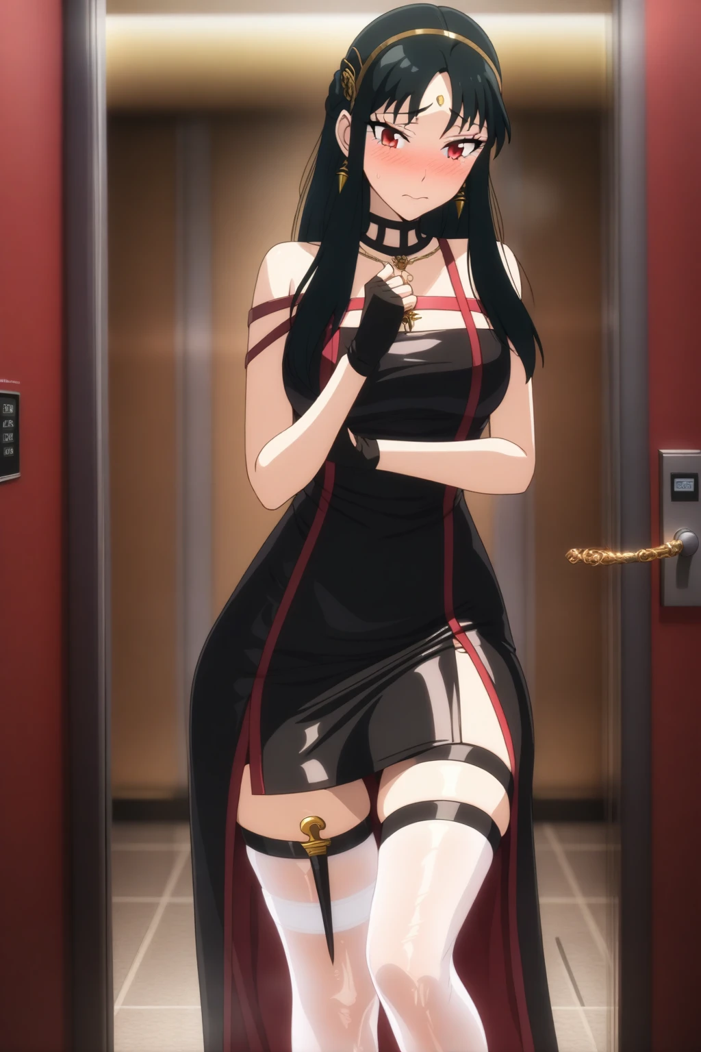 Anime female character, (masterpiece), (highest quality), (extreme quality), (super high), yorbriar, yorbriar, 1girl, inside the elevator, next, white garter stockings, sexy, standing posture, perspective from outside the elevator to inside , sensual, translucent stockings, feet, close-up of feet, sexy movements, thigh lines, thigh flesh, charming, shy expression, long black hair, straight hair, bangs covering part of the forehead, red eyes, soft gaze, soft expression , shy, tight black dress, high slit dress, suspender design, shiny fabric, revealing, golden hairpin, black fingerless gloves, simple necklace, thigh strap, dagger or dagger, metallic shine, worn on hand