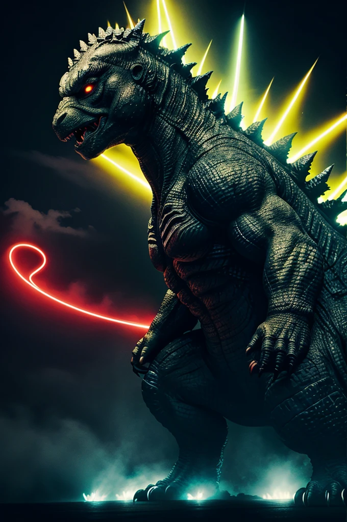 Godzilla neon colour and black background 