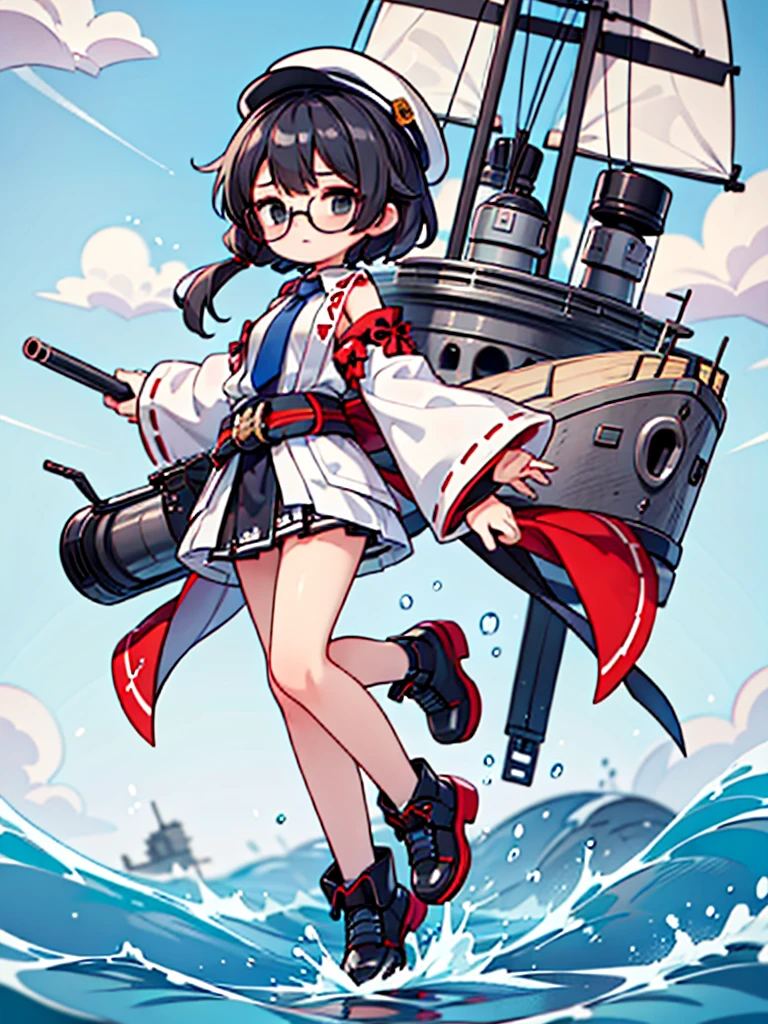 ((((Full body of a woman with perfect flat chest、solo、Short unkempt black hair、Tie your messy hair at the nape of your neck、white military jacket、Miko costume、tights、Black glasses、White military cap、Cloudy black eyes、Sleepy expression)))), (((masterpiece))), (((Shipgirl))), ((Floating on the morning sea with both feet)), (Spread your legs wide open), (Hold the turret with your right hand), (Mechanical arms extending from the waist are used to equip the ship with battleship equipment.), (Equipped with a turret on the back), (Holds the turret with his left arm), Shotgun shells are attached to the thigh with a belt, Spreading the Machine&#39;s Wings, Machine tail,  shotgun, 