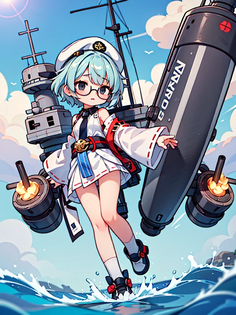 ((((Full body of a woman with perfect flat chest、solo、Short unkempt black hair、Tie your messy hair at the nape of your neck、white military jacket、Miko costume、tights、Black glasses、White military cap、Cloudy black eyes、Sleepy expression)))), (((masterpiece))), (((Shipgirl))), ((Floating on the morning sea with both feet)), (Spread your legs wide open), (Hold the turret with your right hand), (Mechanical arms extending from the waist are used to equip the ship with battleship equipment.), (Equipped with a turret on the back), (Holds the turret with his left arm), Shotgun shells are attached to the thigh with a belt, Spreading the Machine's Wings, Machine tail, shotgun,
