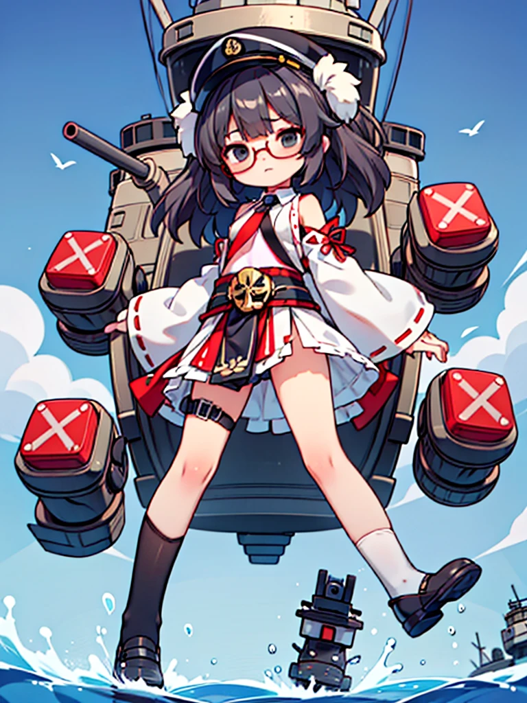 ((((Full body of a woman with perfect flat chest、solo、Short unkempt black hair、Tie your messy hair at the nape of your neck、white military jacket、Miko costume、tights、Black glasses、White military cap、Cloudy black eyes、Sleepy expression)))), (((masterpiece))), (((Shipgirl))), ((Floating on the morning sea with both feet)), (Spread your legs wide open), (Hold the turret with your right hand), (Mechanical arms extending from the waist are used to equip the ship with battleship equipment.), (Equipped with a turret on the back), (Holds the turret with his left arm), Shotgun shells are attached to the thigh with a belt, Spreading the Machine's Wings, Machine tail, shotgun,