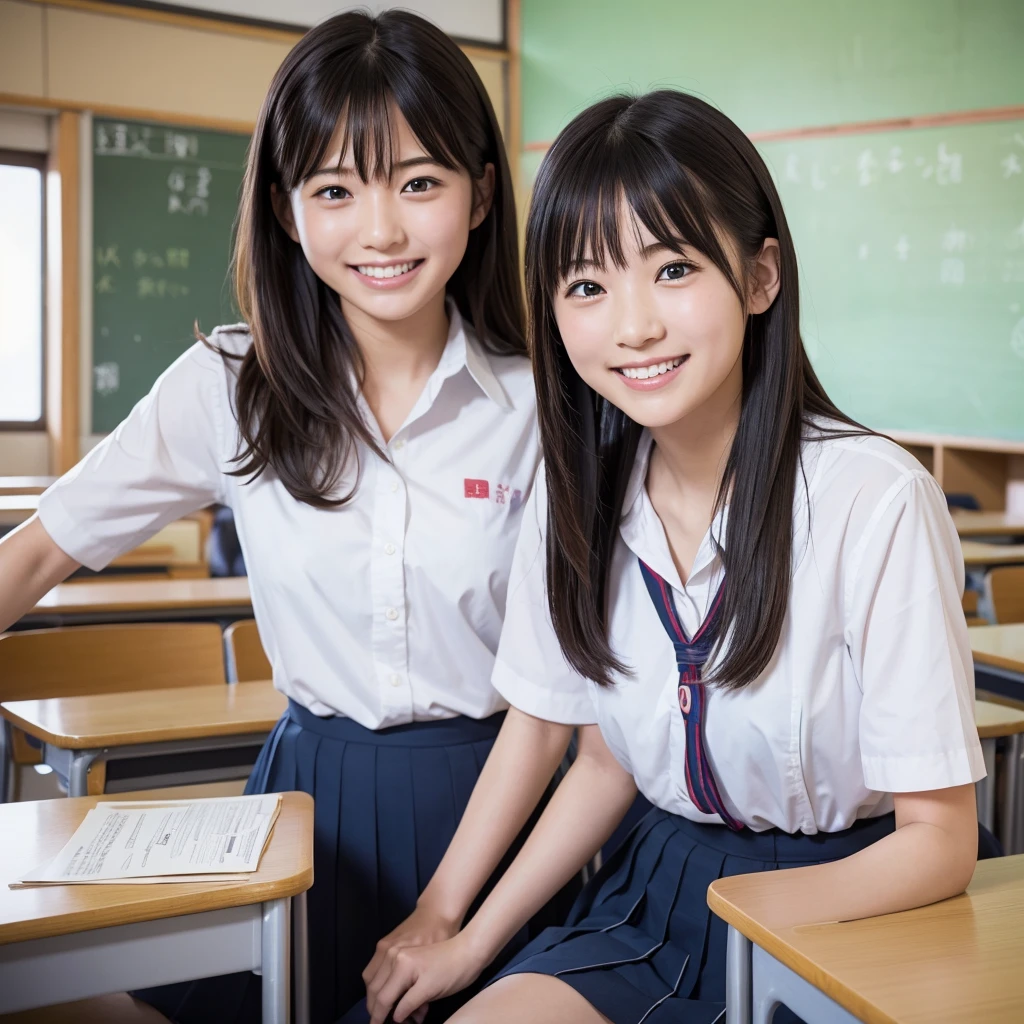 Laughing Japanese high school girl、classroom、、masterpiece, Highest quality, Photorealistic、Laugh with your mouth wide open、Smiling at the camera