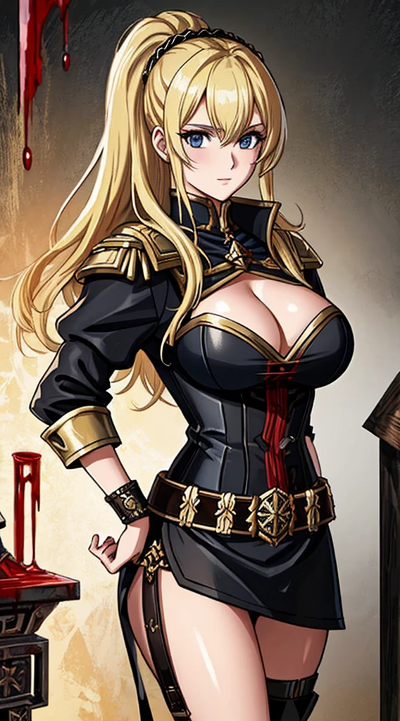 Masterpiece, (40k concept art), Sister of Battle, blonde hair, large breasts, cleavage, epic, brutalism, highly detailed, RPG artwork, Warhammer, blood, oil on canvas, grimdark, erotic, (portrait)