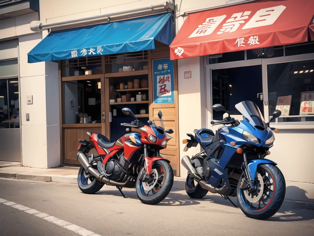 In front of the noodle shop, a navy blue motorcycle is in front.