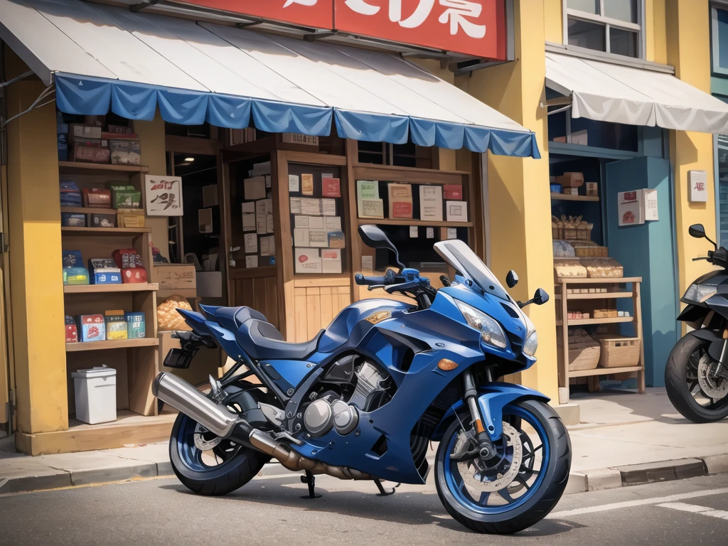In front of the noodle shop, a navy blue motorcycle is in front.