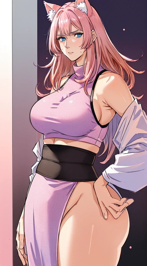 ((((mature adult tall, mature face)))), (cat ears),  ((gradient medium pink hair, medium hair)), glowing blue eyes, ((masterpiece, best quality)), (large breasts, wide hips, big ass, ((narrow waist))), ((heavy breathing)), sweat,