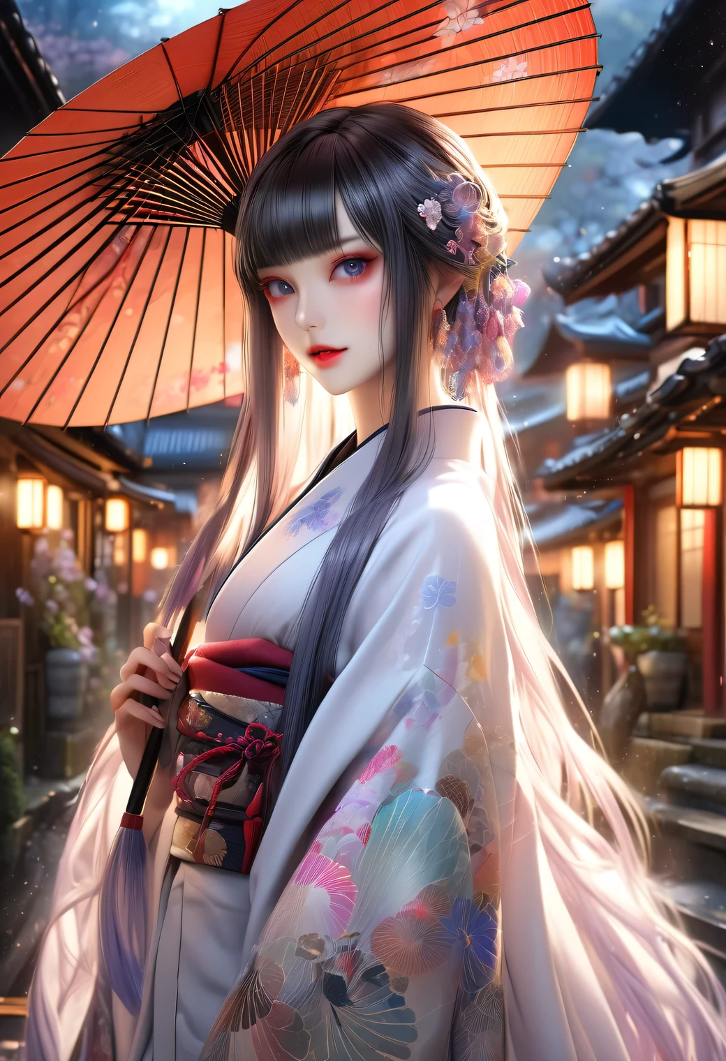 realistic 1girl, detailed beautiful fox-Apparition girl, with a Japanese umbrella, long straight white and black gradient hair, blunt bangs, flowing hair, beautiful detailed eyes, eye makeup like a Kabuki actor, beautiful detailed lips, detailed facial features, detailed hair, detailed skin, detailed outfit, Kyoto townhouse background, glowing magic aura, ethereal, magical, fantasy, whimsical, artistic, vibrant colors, cinematic lighting, award-winning, (highest quality, 16k, highres, masterpiece:1.2), (ultra-realistic, photorealistic:1.37), (intricate details:1.2), (depth of field:1.1), ultra-detailed, cinematic lighting, warm color palette, intricate patterns, elegant, graceful, ethereal