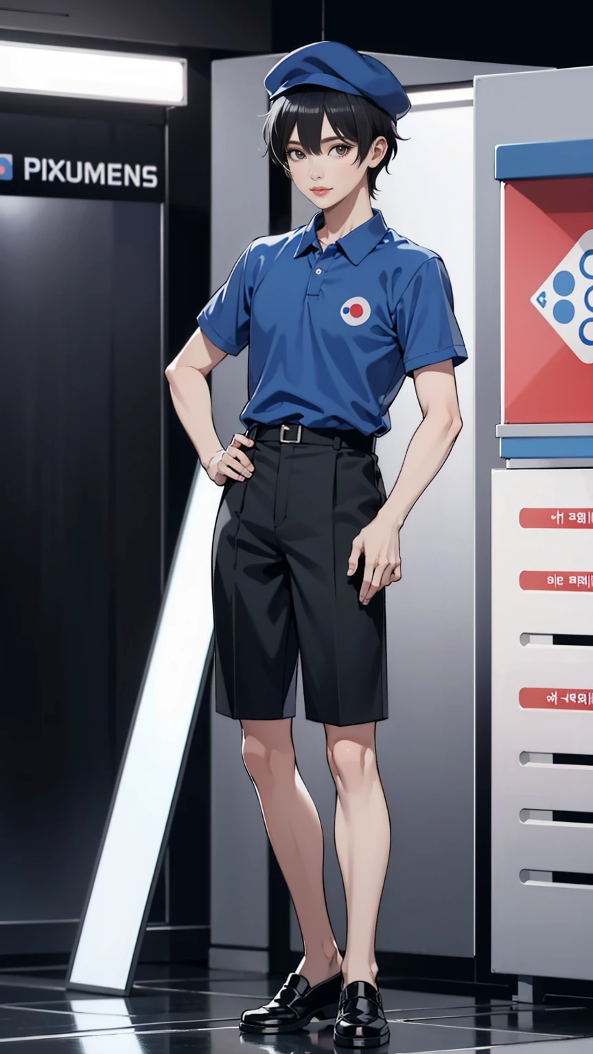 round eyes, pretty face, short korean men hair, dimash kudaibergen as a male dominos pizza employee is standing, a plate of pizza, blue polos shirt short sleeve, black cinos pants, wearing black front cap, serious face expression, full hd resolution dominos kitchen restaurant background, cold filter, shiny environment effect, full body
