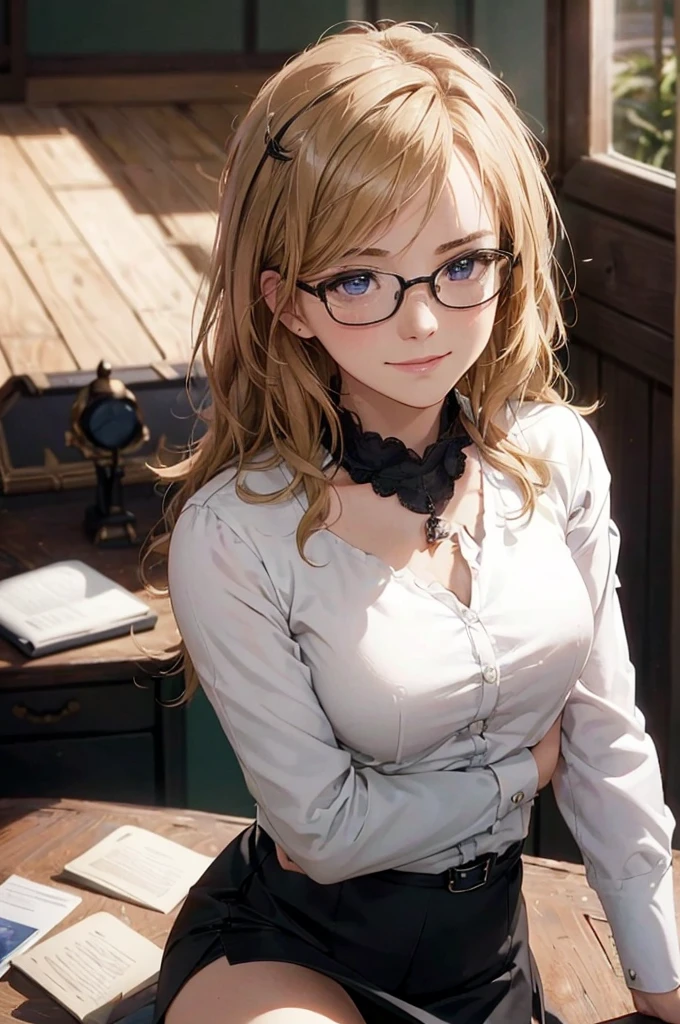 Masterpiece, 最high quality, high quality, High resolution, high quality texture, high quality shadows, High resolution, Beautiful details, Detailed CG, Detailed Texture, Realistic representation of face, Realistic, colorful, delicate, Cinematic Light, Side light, Lens flare, Ray Tracing, sharp concentrated, (1 Girl,concentrated:1.3), ( Intricate details, compensate, PureErosFaceV1:0.5), (細部まで美しいdelicateな顔, 緻密で美しいdelicateな瞳, Perfect Facial Proportions, Dense skin, Optimal ratio of four fingers to one thumb,Unified 8k wallpaper, Arms under chest, Modest chest, Wide Hips, Smooth upper abdomen, 30 years old, blue eyes, glasses,cabin attendant uniform,white blouse,tight fitting black skirt,black stockings, excellent secretary ,working as a secretary, wooden desk, wooden chair, house wife, the gaze of true love, lips of temptation, A look full of compassion ,a smile full of love, i love you, Acting lovey-dovey, air fortress hair, blonde hair, I love you so much I'm crazy,i love you
