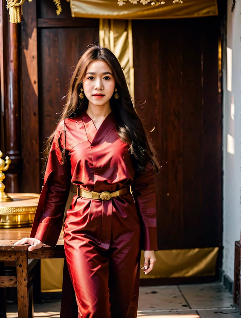(8k,masterpiece,hi ultra res, realistic :1.3), best quality, portrait , realistic, focus face, 1 woman, brown long hair, thai traditional dress , ( red sabai:1.2), temple background, (breeze:1.2),(sun lighting:1.2)
