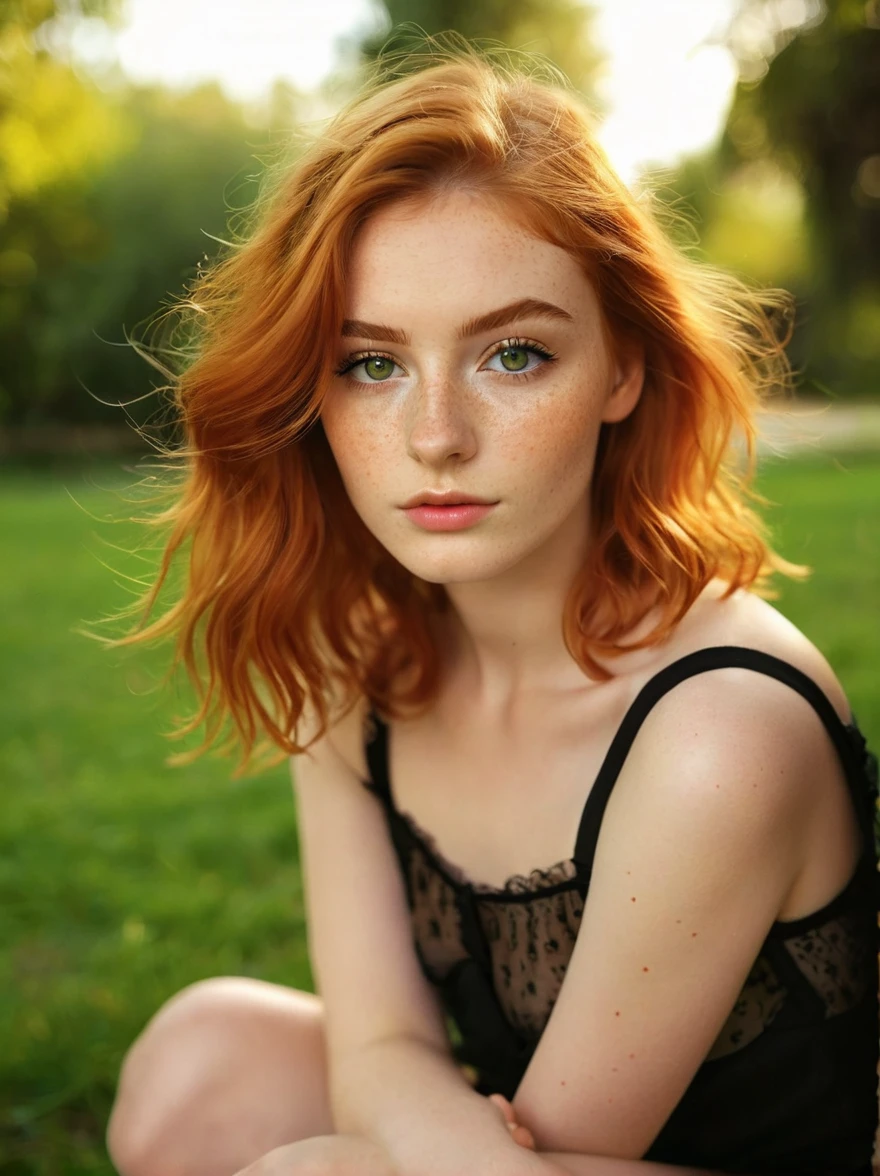 (8k, RAW photo, highest quality) depth of field, bokeh, 8K, HDR, cinematic rendering, a portrait of a 36-year-old redhead, framing from the navel, some small freckles, dressed in a ragged nightie, straps dropped, peeled off, leaning against a tree in the wilderness, goosebumps, cinematic, faded colors, dark shot,  muted colors, grainy film, read, crazy details, intricate details, hyperdetailed, sunset, shyness, seduction, romance, looks at the camera lens lovingly, no visible hand