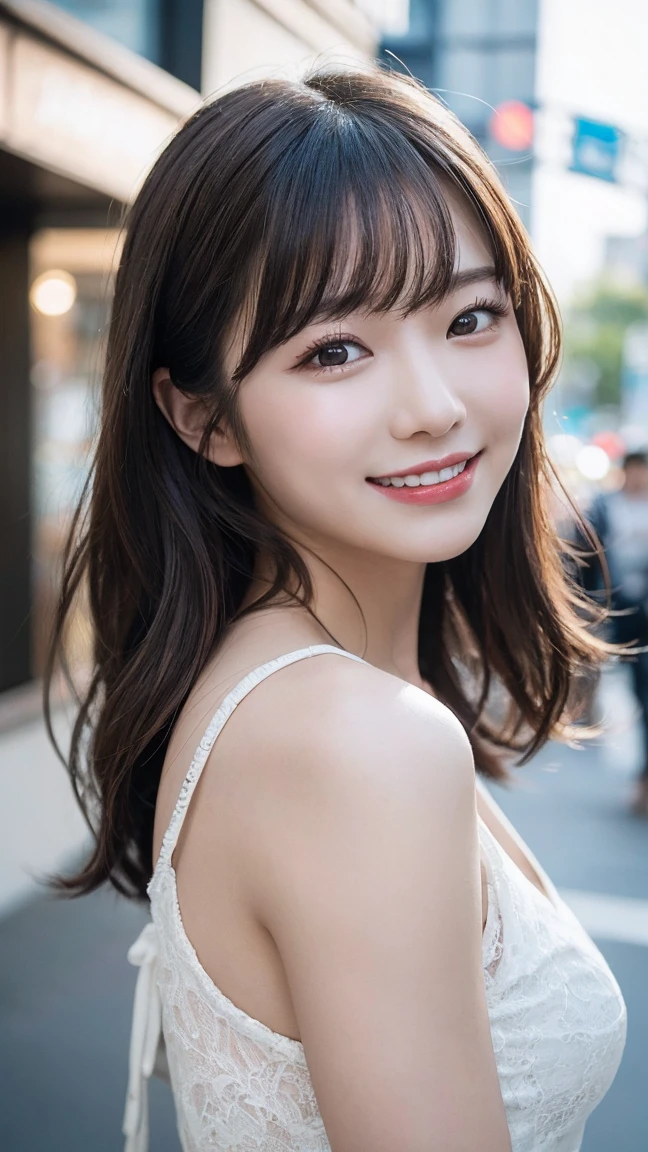 In detail, High resolution, high quality、Perfect dynamic composition, Beautiful attention to detail, Medium Hair,Natural color lip,Kamimei、Shibuya Ward、20-year-old girl、1 person、Clear Skin、Shiny Hair、Tabletop, 最high quality, figure, Super detailed, In detail, High resolution, 8K、The correct state of the human body、Random pose、Sculpture model pose,Hair dancing in the wind、Hair length,big ,hugeな胸の谷間, Bold sexy pose,huge 、Close-up of face、smile、Smiling