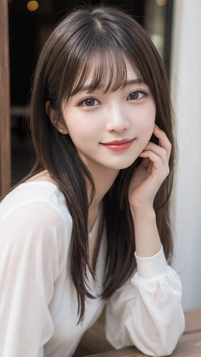 In detail, High resolution, high quality、Perfect dynamic composition, Beautiful attention to detail, Medium Hair,Natural color lip,Kamimei、Shibuya Ward、20-year-old girl、1 person、Clear Skin、Shiny Hair、Tabletop, 最high quality, figure, Super detailed, In detail, High resolution, 8K、The correct state of the human body、Random pose、Sculpture model pose，Hair dancing in the wind、Hair length,big ，hugeな胸の谷間, Bold sexy pose,huge 、Close-up of face、smile、Smiling