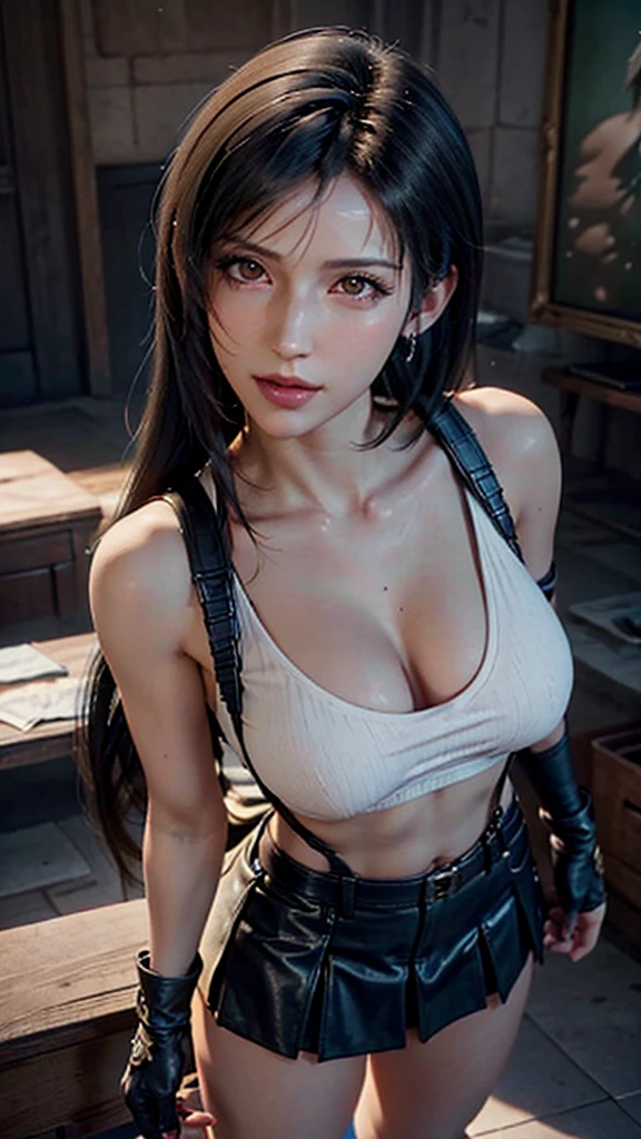 Trends on ArtStation, Trends on CGSociety, Intricate, High Detail, Sharp Focus, Dramatic, starry night sky, Tifa Lockheart of Final Fantasy, Tifa's original Final fantasy 7 costume, 25 years old, mature looking, Realistic Art of Drawing by Midjourney and Greg Rutkowski, Sketch, Masterpiece, Best Quality, Very Detailed, 1female, Half-body, head to bust image scope, buts portrait, close-up shot, white tank top and black leather skirt, standing position, Beautiful Meticulous Eyes, Cute Face, Bust, big bossoms, Beautiful Meticulous Face, White Hair, (Botanical Illustration: 1.5), no pornographical exposure, bigger breasts