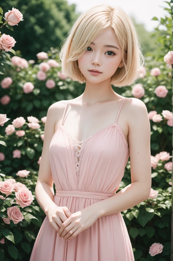 8K, CRU photo, Fujifilm, style photo of a beautiful young woman like Avril in a light pink rose garden (highly detailed skin: 1.2) Style-Petal BREAK short hair, blonde hair with colored highlights, wearing a dress, film grain, 35mm, cute style