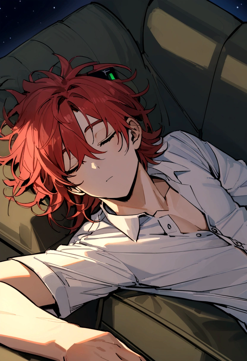 Young male, 25 years old, tall, sleeping on the couch, arm place in the head, (full body camera shot), night time, sexy pose, wearing a shirt, unbuttoned shirt, laying on the couch, messy hair, red hair, straight, (bird view camera shot)