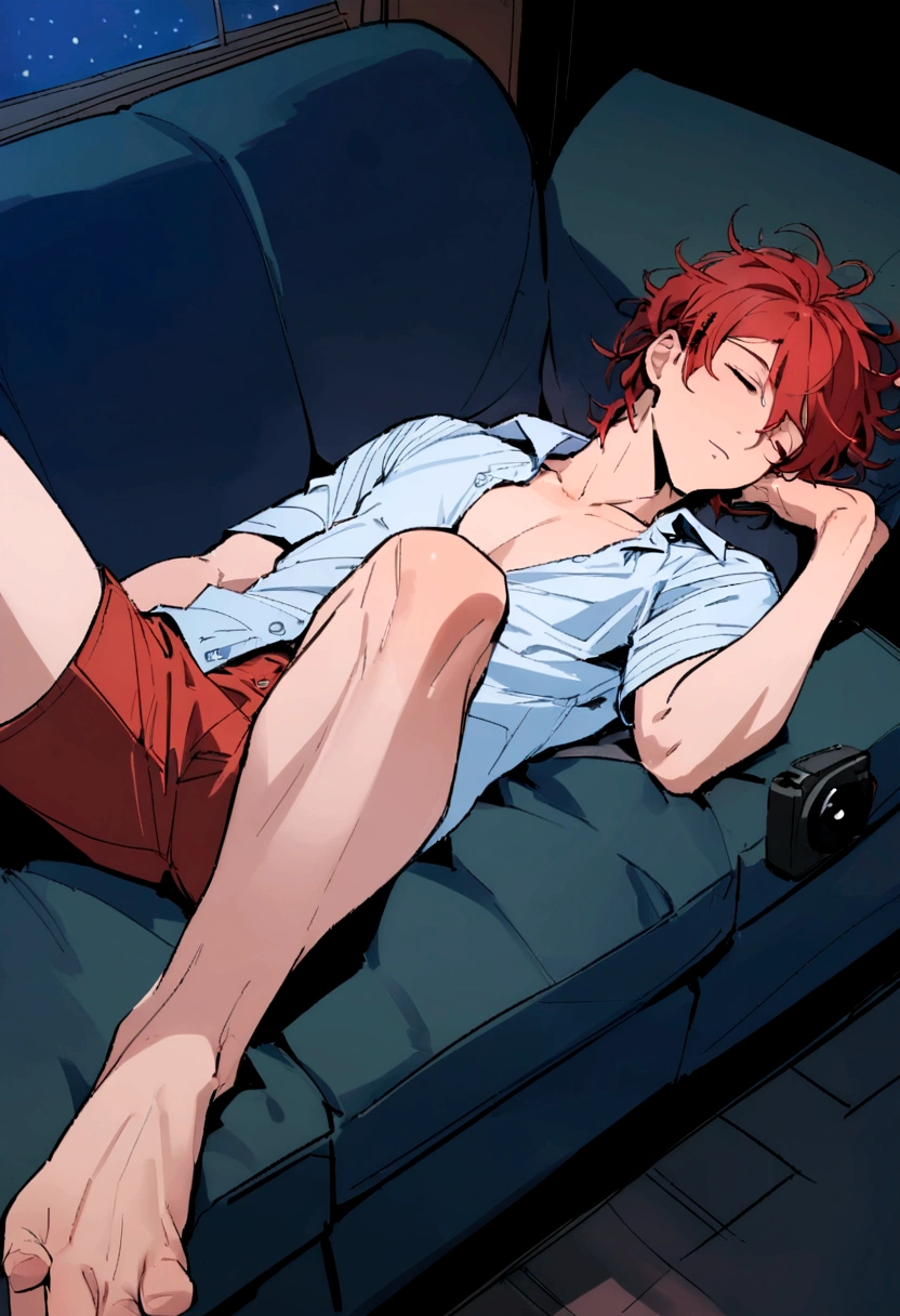 Young male, 25 years old, tall, sleeping on the couch, arm place in the head, (full body camera shot), night time, sexy pose, wearing a shirt, unbuttoned shirt, laying on the couch, messy hair, red hair, straight, (bird view camera shot)