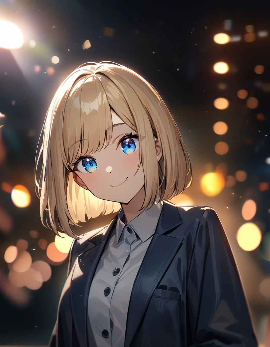 (((One girl))), blond hair, bob cut, (upper body), (looking at viewer), breasts, teenager, head tilt:1.3, (((blue eye))), (from side), hand in pocket, ((happy smile)), , blazer, black skirt, anime style, (best quality, 4k, 8k, highres, masterpiece:1.2, ultra-detailed, ultra-detailed eyes, HDR, UHD, studio lighting, ultra-fine painting, sharp focus, physically-based rendering, extreme detail description, professional, vivid colors, bokeh)