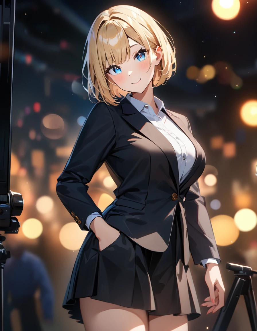(((One girl))), blond hair, bob cut, (upper body), (looking at viewer), breasts, teenager, head tilt:1.3, (((blue eye))), (from side), hand in pocket, ((happy smile)), , blazer, black skirt, anime style, (best quality, 4k, 8k, highres, masterpiece:1.2, ultra-detailed, ultra-detailed eyes, HDR, UHD, studio lighting, ultra-fine painting, sharp focus, physically-based rendering, extreme detail description, professional, vivid colors, bokeh)