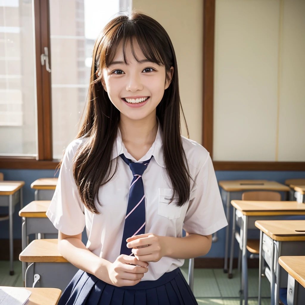 Laughing Japanese high school girl、classroom、、masterpiece, Highest quality, Photorealistic、Laugh with your mouth wide open、Smiling at the camera