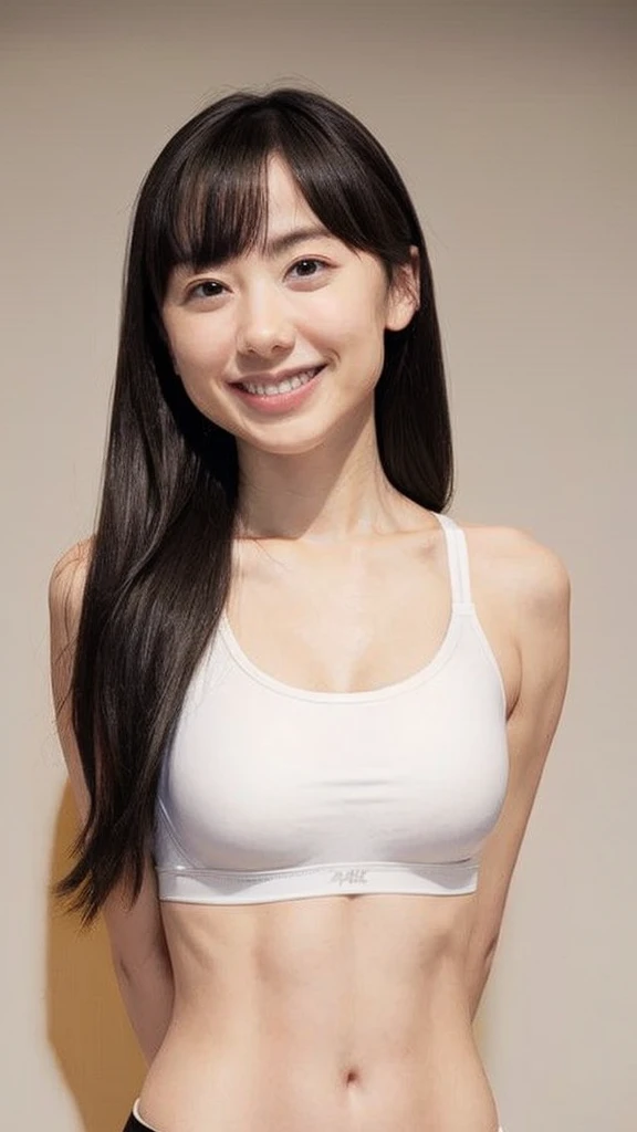 upper body, flat chest, (arms behind back:1.1), make up, sport-bra, , smile, long hair