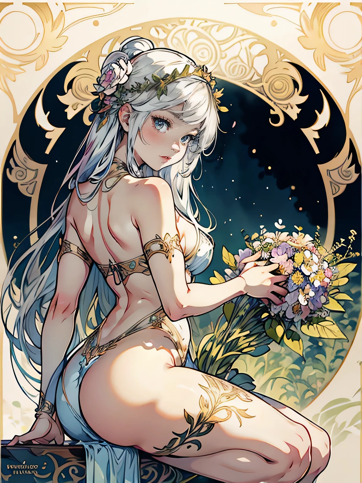 Depicts a beautiful woman with flowers in her hair、Highly detailed watercolor painting, The style of Alfons Maria Mucha and Gustav Kirmut, Art Nouveau accents, Fairy Princess, Anthropomorphic woman, Female figure, Detailed cover artwork, As the Flower Goddess, Alphonse Mucha, Gustav Klimt, Pale skin, Marble sculpture, society, Gothic art, Art Nouveau, Behance Contest Winner