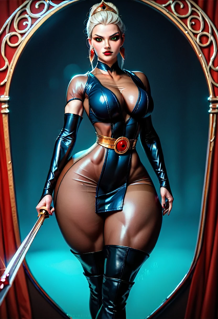 solo, older female, amazoness, female barbarian, warrior queen, kunoichi, female ninja, femme fatale spy. narrow waist, hyper thighs, (sheer bodysuit translucent bodystocking) under (fashion fancy short dress), iridescent thigh-high boots, silk elbow gloves 