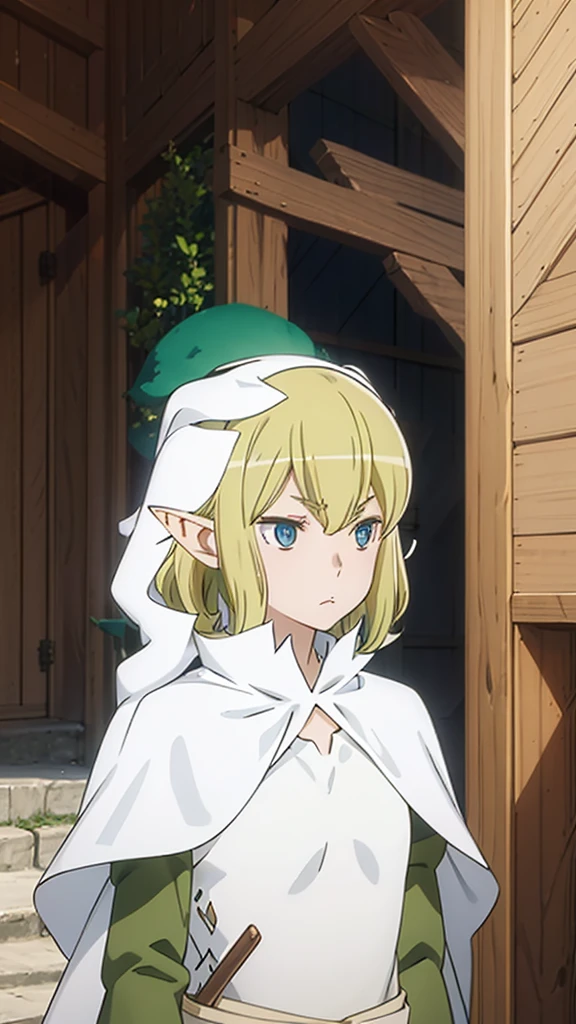 This_Ryu, 1 girl, blonde hair, One, Blue eyes, pointed ears, Cloak, elf, hair between eyes, closed mouth, upper body, anime coloring pages, bang, a parody, зеленый Cloak, Looking at the viewer, hood
 