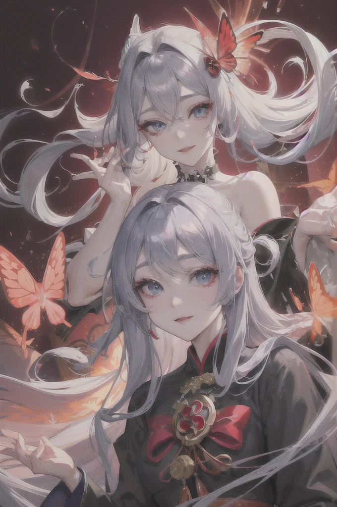 Official Art, masterpiece, One beautiful woman、Gray Hair、Crystal-like hair、Blue eyes that shine like jewels、The corners of her eyes are painted red.、Oiran、Smile bewitchingly、Highest quality、masterpiece、Super detailed、inflammation、Red burning butterfly、beautiful、mysterious