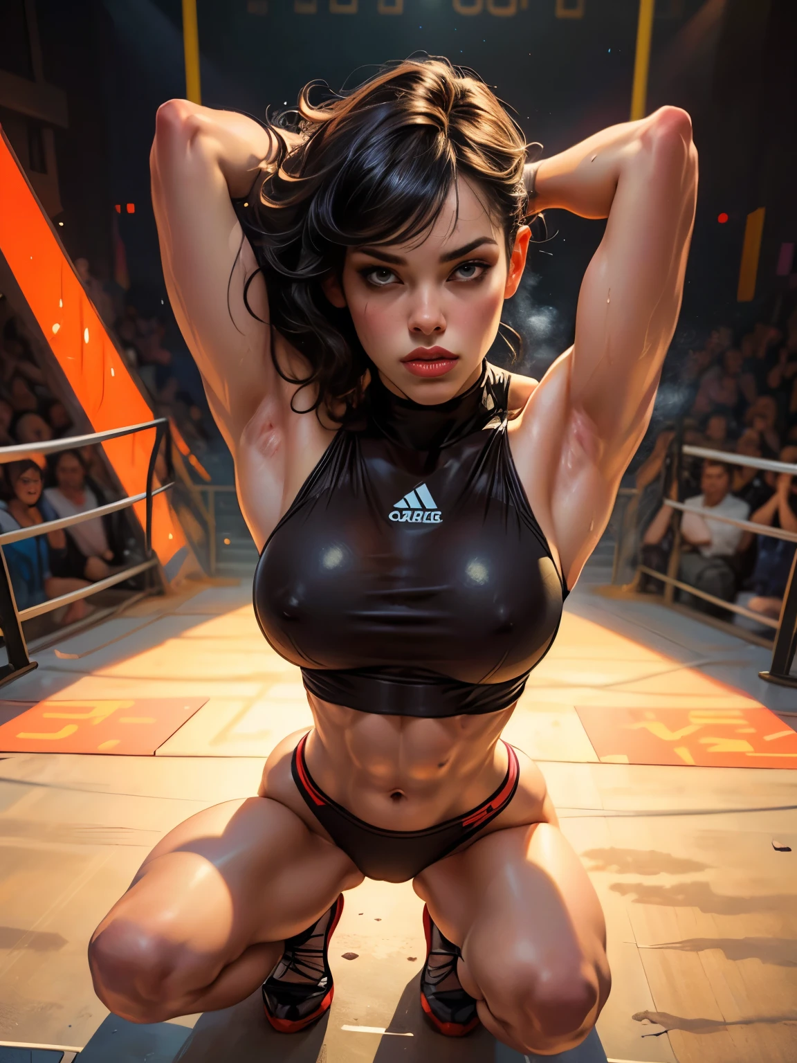 (Training, squats, arms raised to show armpits, sweating: 1.4),(female wrestler), muscular physique, six pack abs, dramatic wrestling outfit, on wrestling ring stage in spotlight, detailed portrait, (highest quality, 4k, 8k, high resolution, masterpiece:1.2), ultra detailed, (realistic, photorealistic, photorealistic:1.37), dynamic action poses, dynamic lighting, cinematic composition, highly detailed facial features, highly detailed eyes and face, long eyelashes, chiaroscuro lighting, dramatic shadows, striking color palette, vibrant colors, ｍotion trail effect:1.9