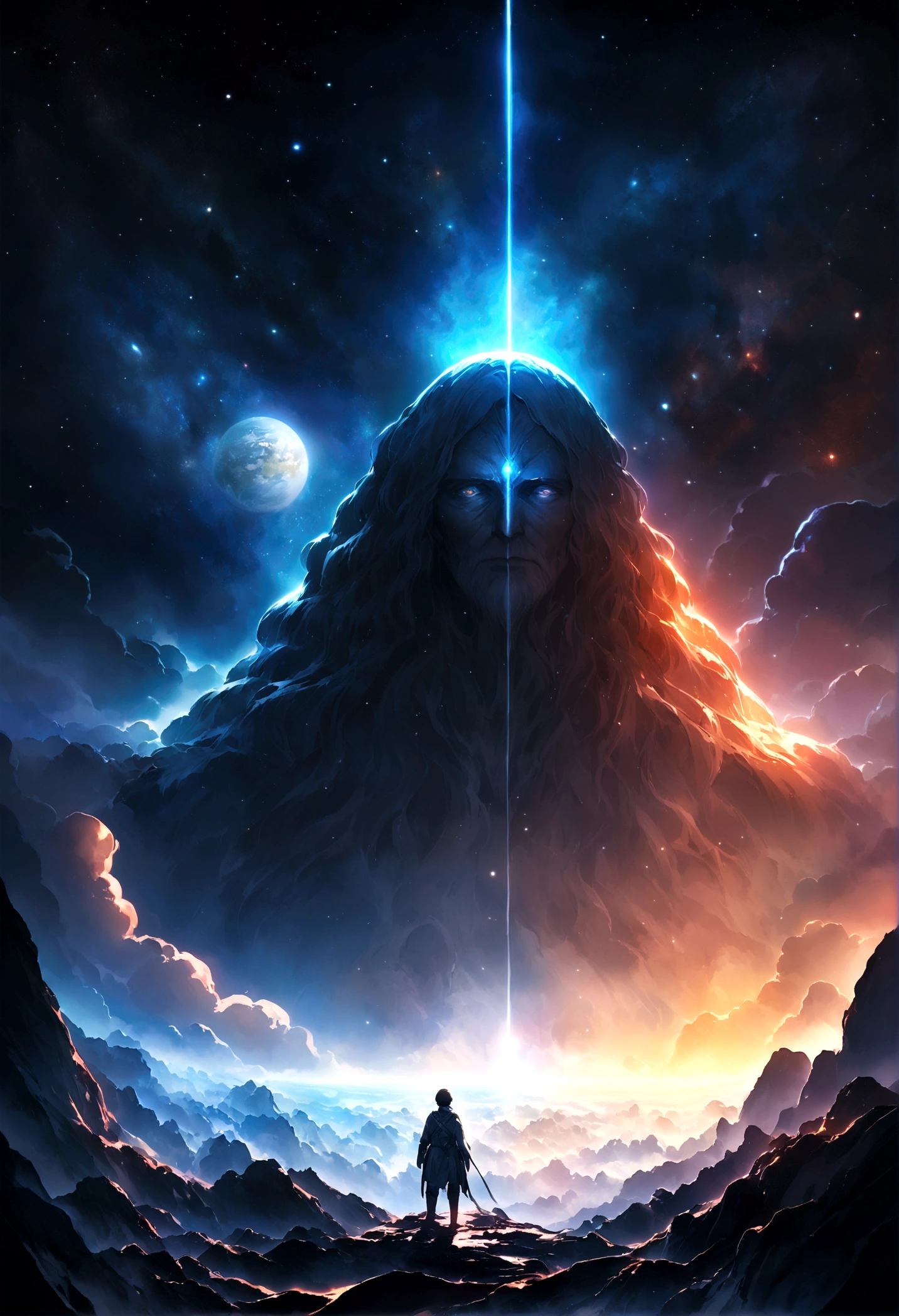 an image of space, A bright eye shadow, a divine being, mist-shaped giant, a planet in front in the middle of the image, giant behind the planet