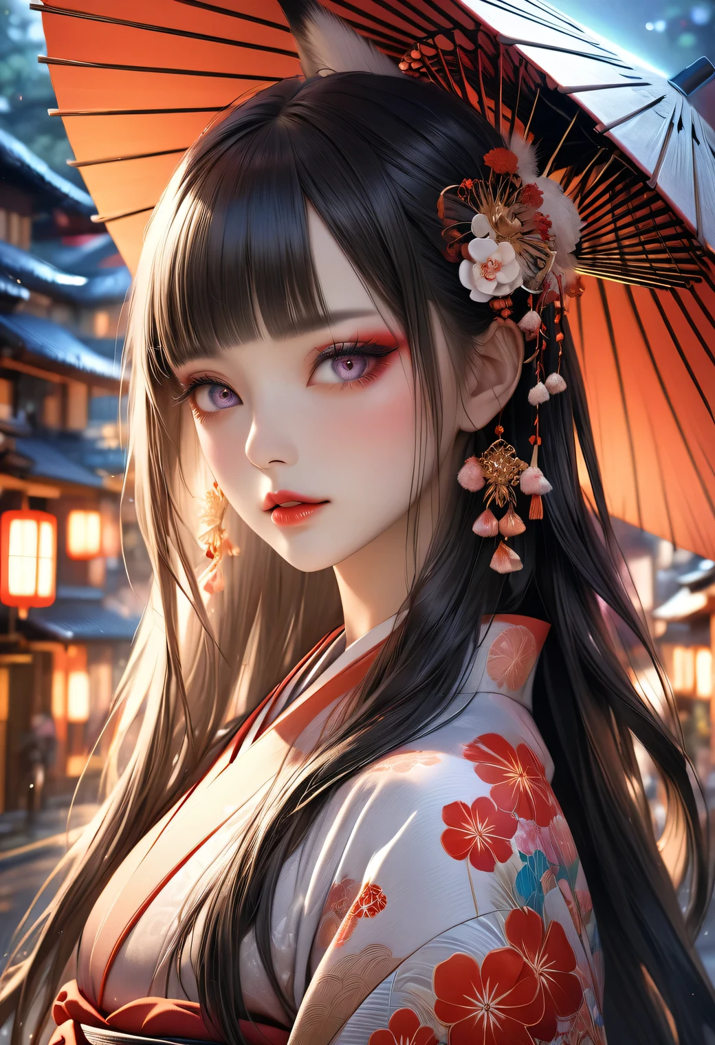 realistic 1girl, detailed beautiful fox-Apparition girl, in a japanese red floral kimono with a Japanese umbrella, long straight white and black gradient hair, blunt bangs, flowing hair, beautiful detailed eyes, eye makeup like a Kabuki actor, beautiful detailed lips, detailed facial features, detailed hair, detailed skin, detailed outfit, Kyoto townhouse background, glowing magic aura, ethereal, magical, fantasy, whimsical, artistic, vibrant colors, cinematic lighting, award-winning, (highest quality, 16k, highres, masterpiece:1.2), (ultra-realistic, photorealistic:1.37), (intricate details:1.2), (depth of field:1.1), ultra-detailed, cinematic lighting, warm color palette, intricate patterns, elegant, graceful, ethereal