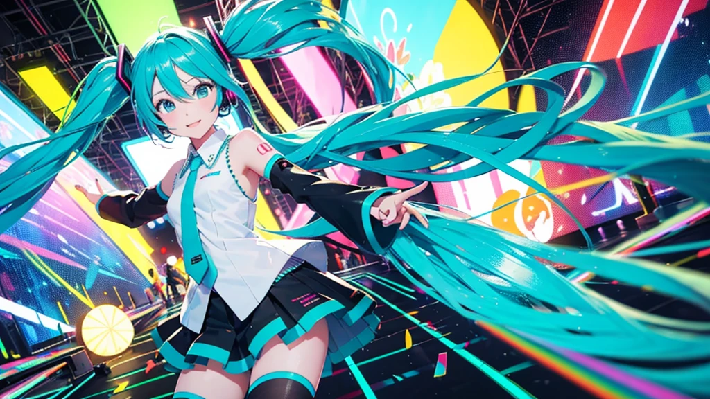 This painting depicts an active and colorful dance party scene featuring Hatsune Miku.。She was dancing in the center of the dance floor、Colorful neon lights are shining all around.。