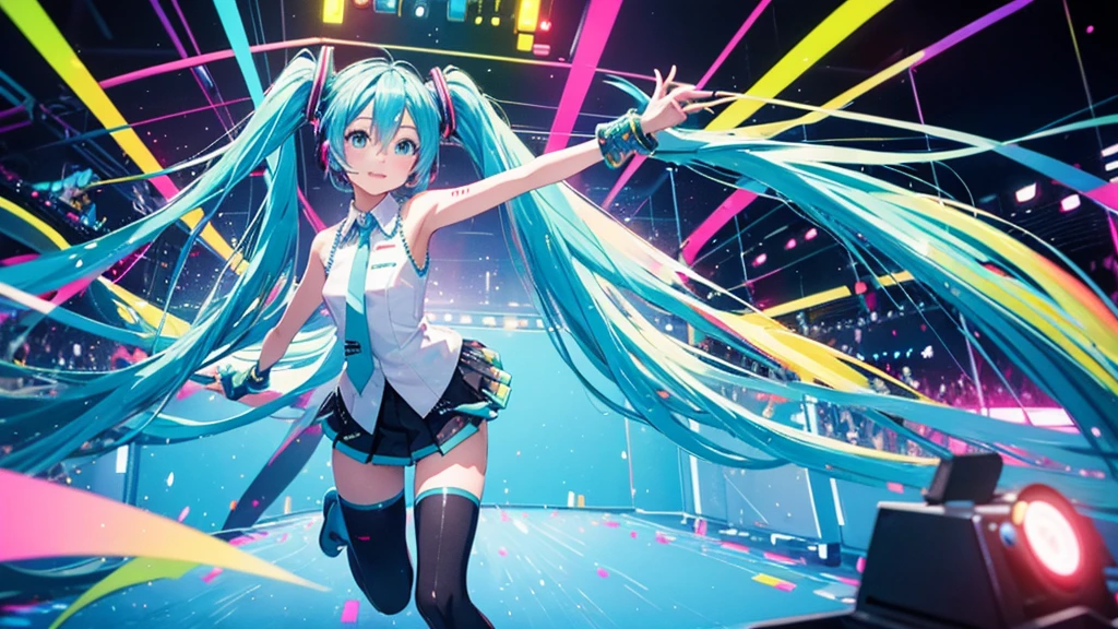 This painting depicts an active and colorful dance party scene featuring Hatsune Miku.。She was dancing in the center of the dance floor、Colorful neon lights are shining all around.。