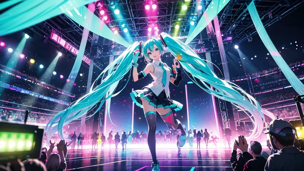 This painting depicts an active and colorful dance party scene featuring Hatsune Miku.。She was dancing in the center of the dance floor、Colorful neon lights are shining all around.。