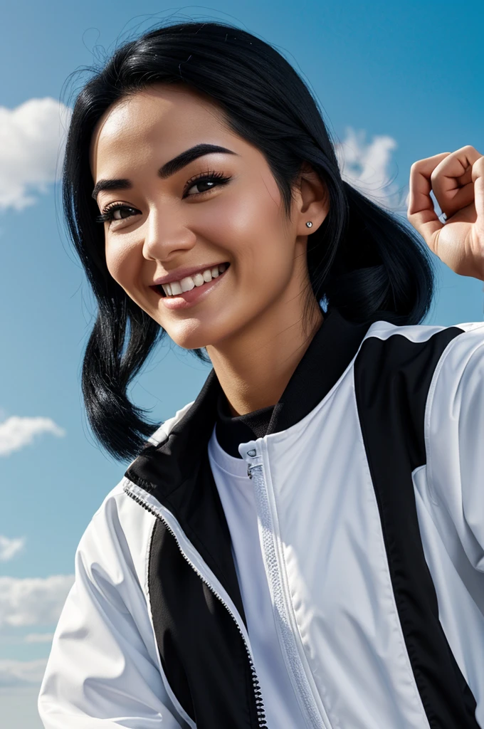Cover DISNEY PIXAR Woman of 37 years, White skin, with black eyebrows, black eyelashes and straight black hair, thin and smiling, with Adidas sky jacket with white stripes .