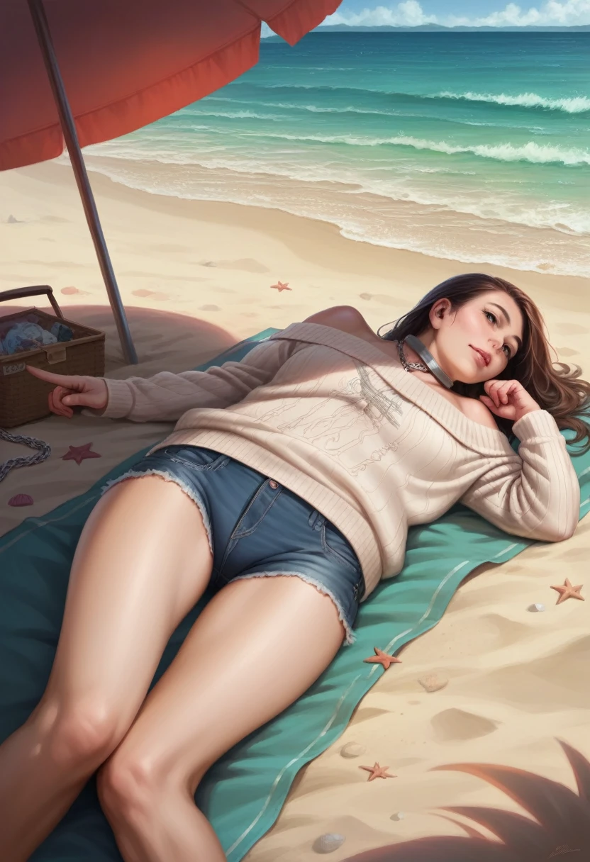 ((best quality)), ((masterpiece)), (Detailed), 1 girl, Off-the-shoulder sweater, Under clear, unpopulated sky, lying on the beautiful beach, View towards the sea, Legs pointing towards the sea, short denim, natural face with small chain around the neck,
realistic beautiful beach, realistic woman, realistic sea